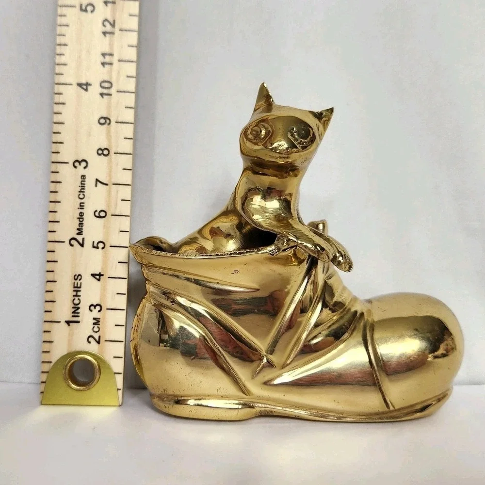 Vintage Brass Cat in Boot Figurine Heavy Kitten Shoe Gold Trinket Paperweight